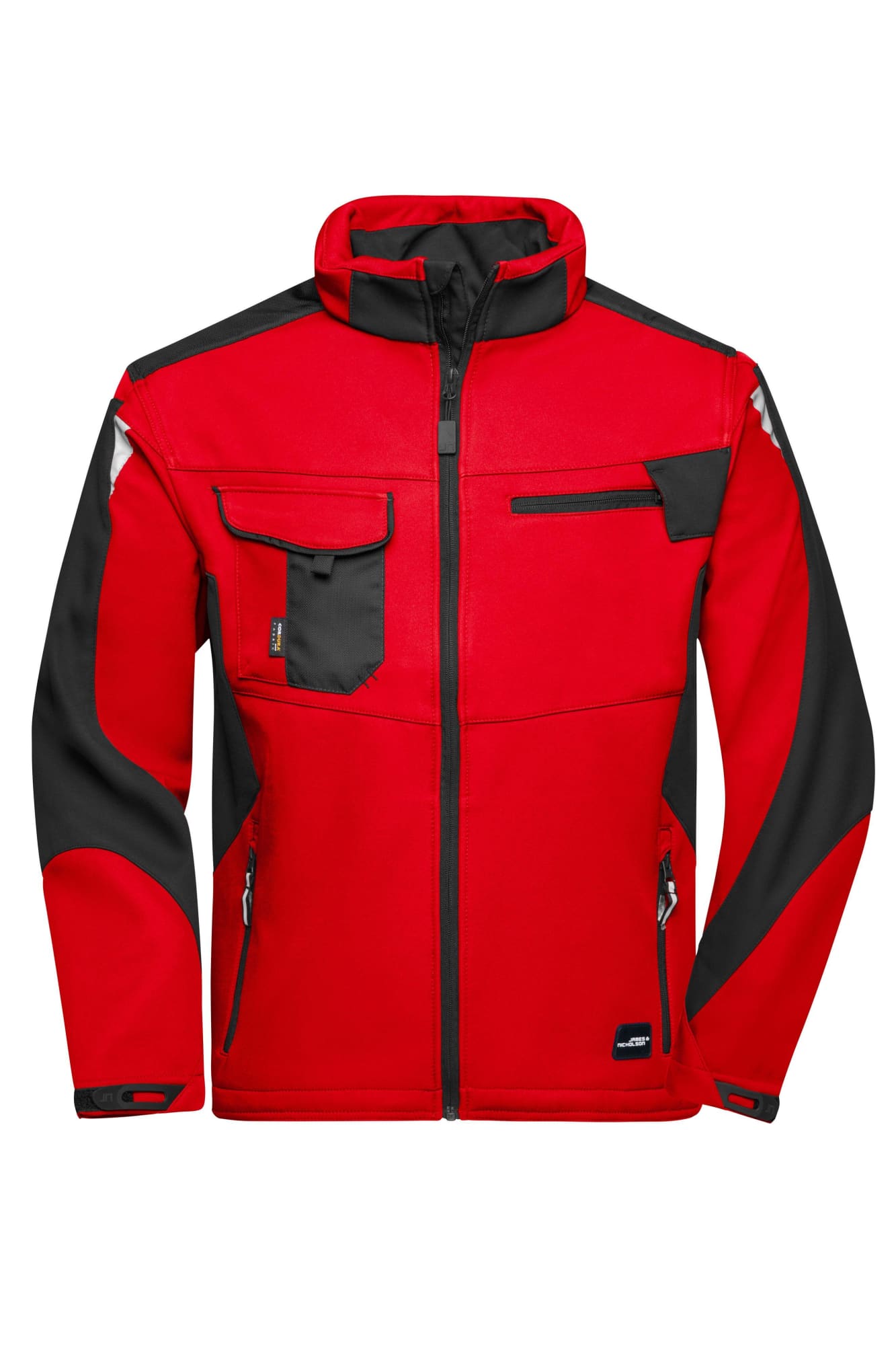 A vibrant red and black softshell jacket featuring multiple pockets and a zip closure, with a logo on it. Workwear Softshell Jacket - Image 1