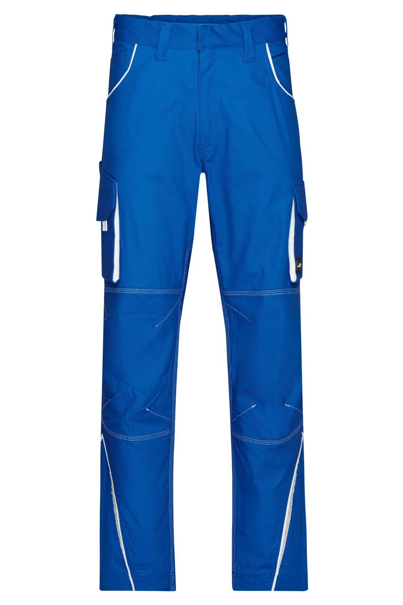 Blue work pants with multiple pockets and contrasting stitching, featuring a logo on the waistband. Workwear Pants - Image 1