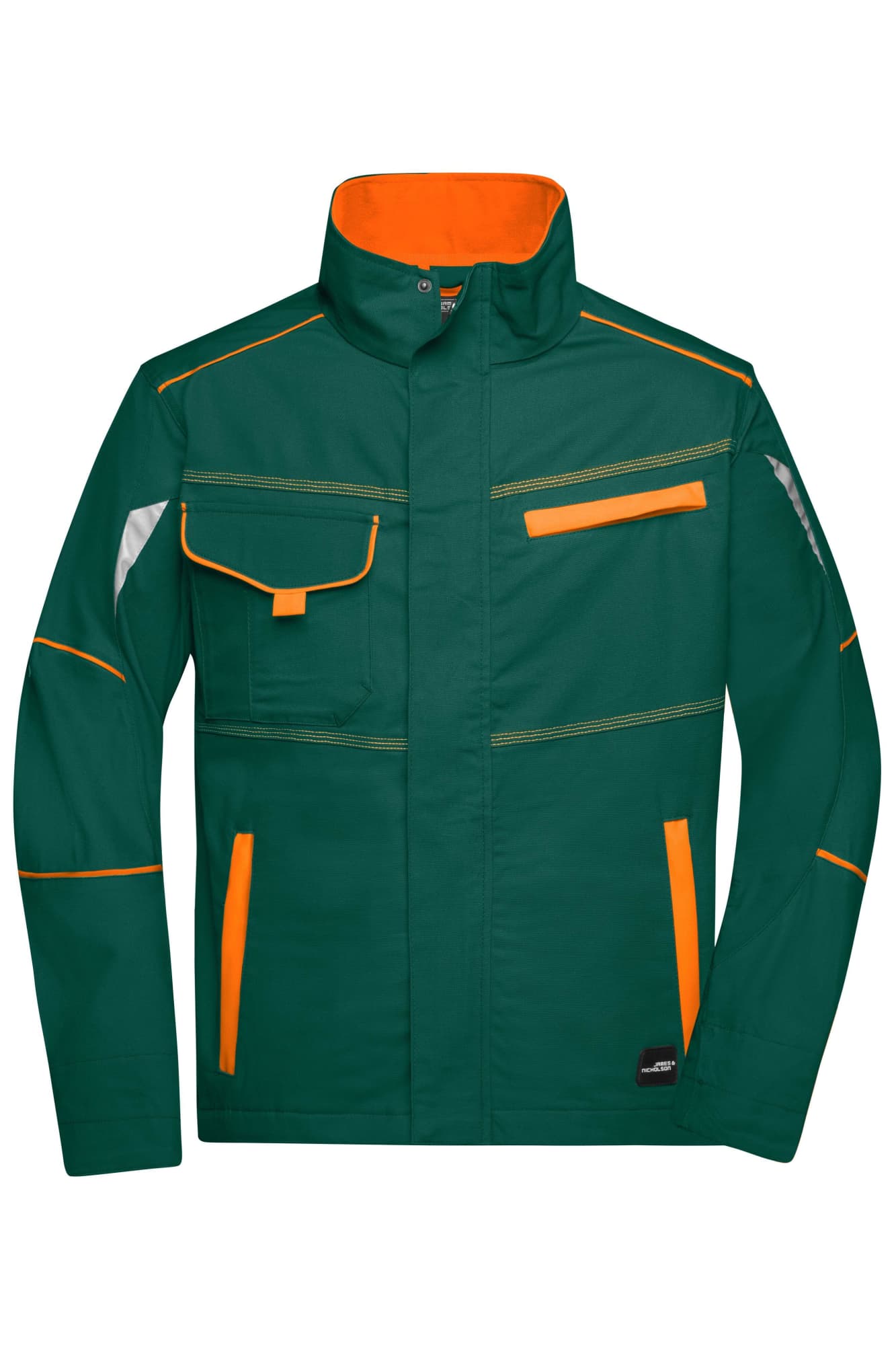 A green work jacket featuring orange accents, a high collar, and multiple pockets, including a chest pocket and side pockets. Workwear Jacket - Image 1