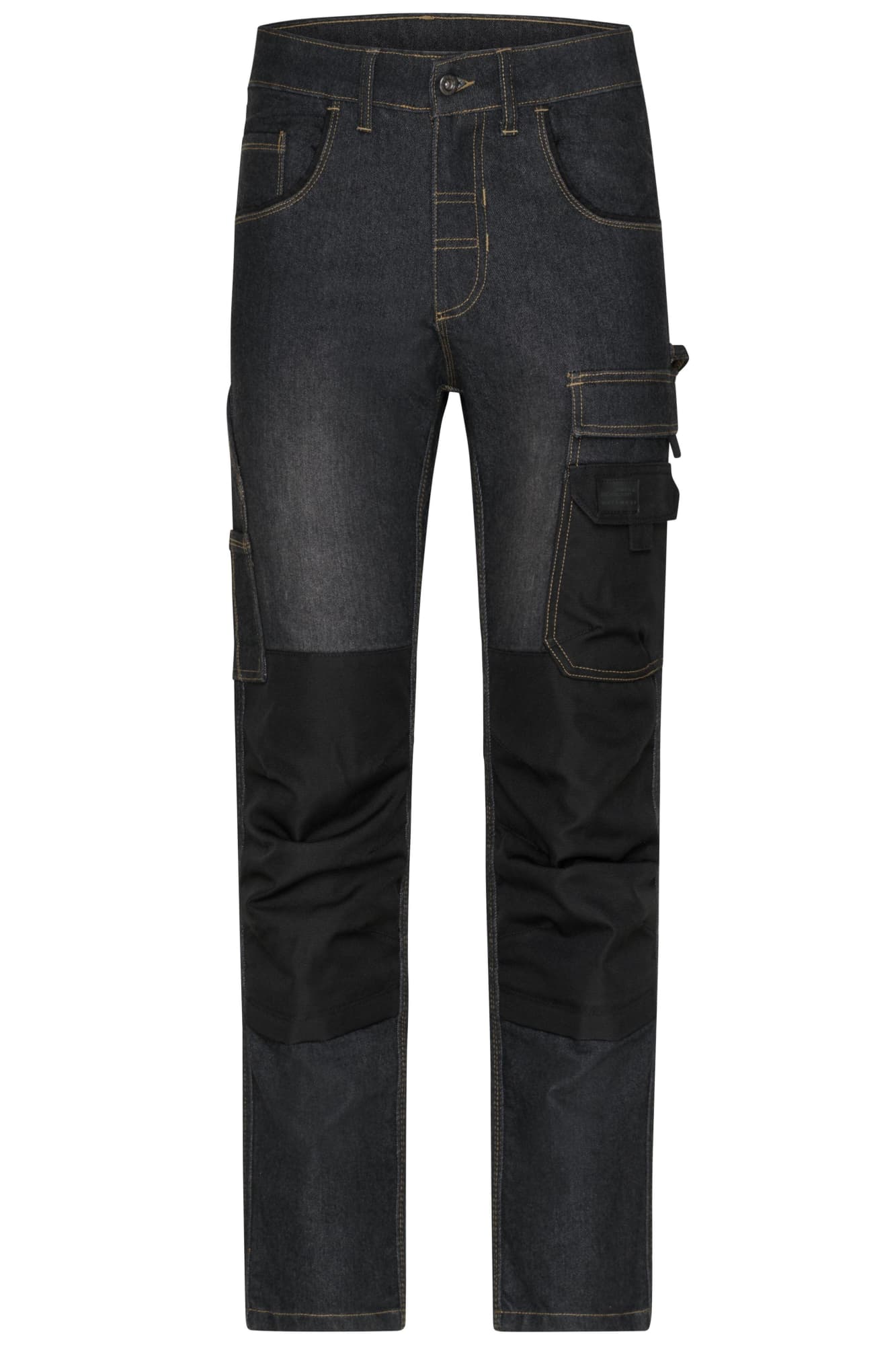 Workwear Stretch-Jeans in dark denim with black panels, featuring multiple pockets and a branded logo. Workwear Stretch-Jeans - Image 1