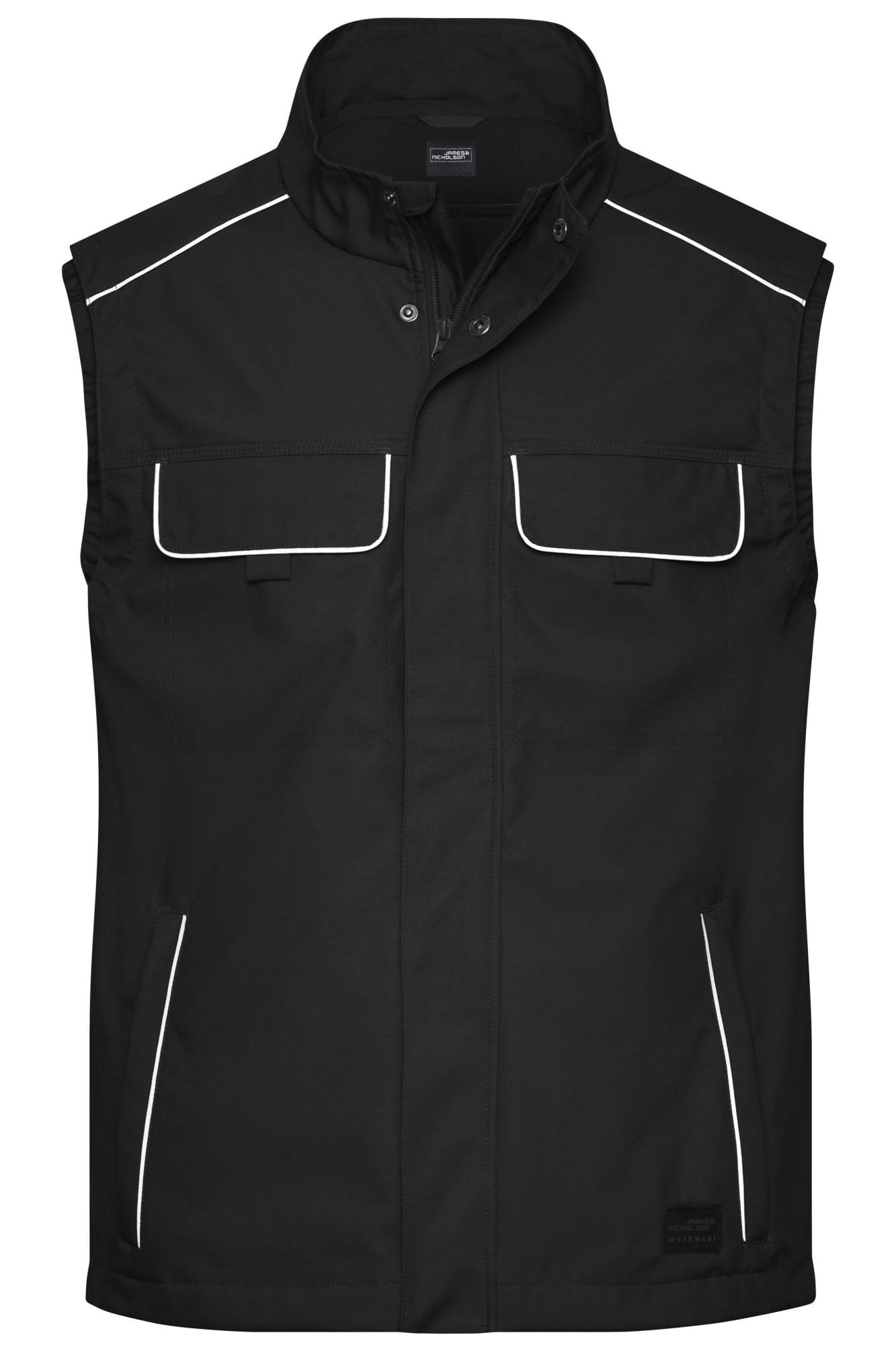 A black softshell light vest featuring two front pockets, white piping, and a subtle logo. Workwear Softshell Light Vest - Image 1
