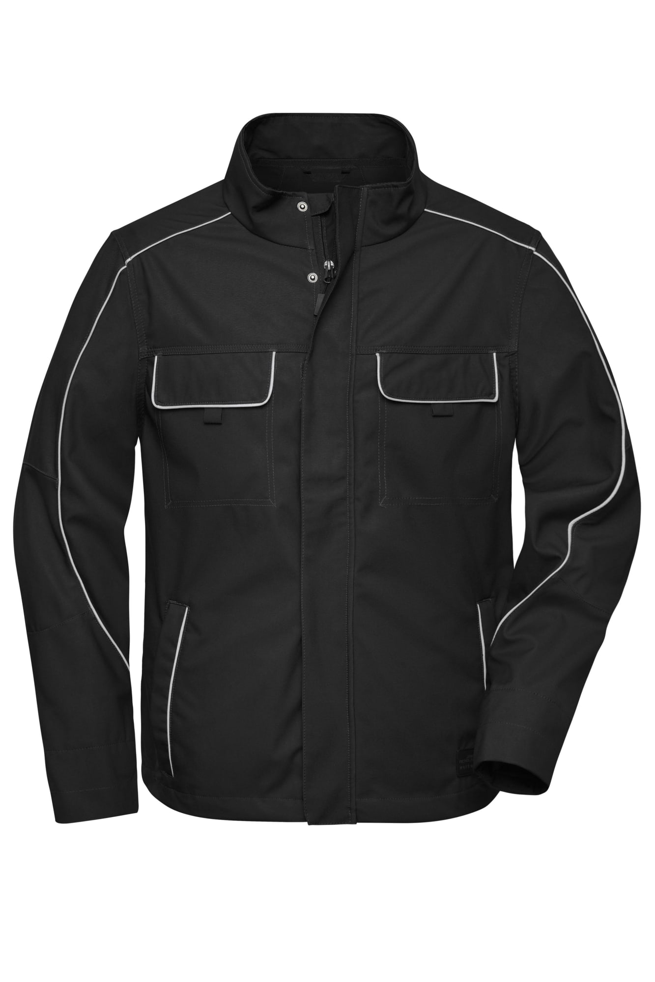 A black softshell light jacket featuring white trim and multiple pockets, with a logo on the front. Workwear Softshell Light Jacket - Image 1