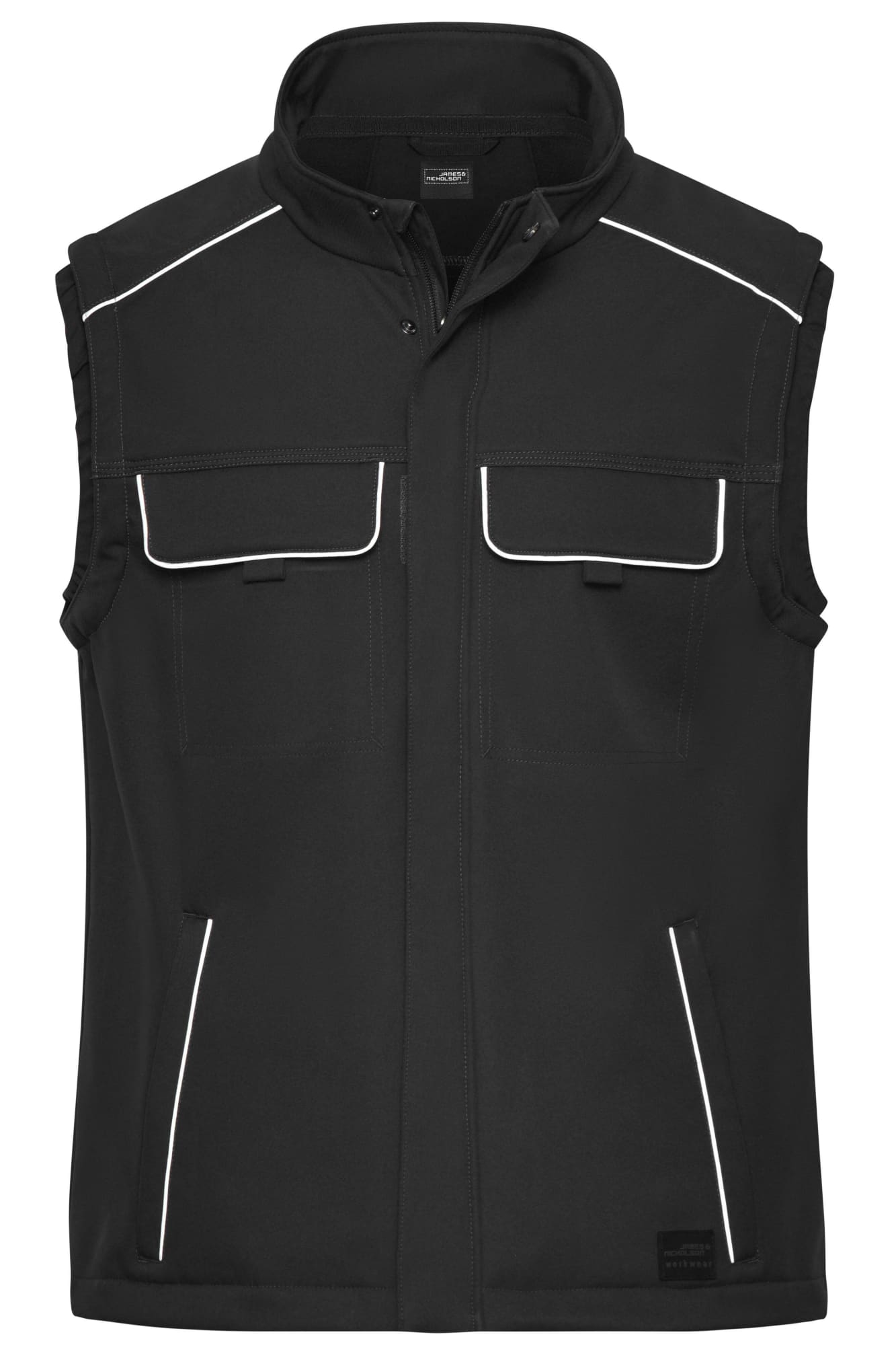 A black softshell vest featuring two chest pockets and reflective piping, with a logo on the side. Workwear Softshell Vest - Image 1