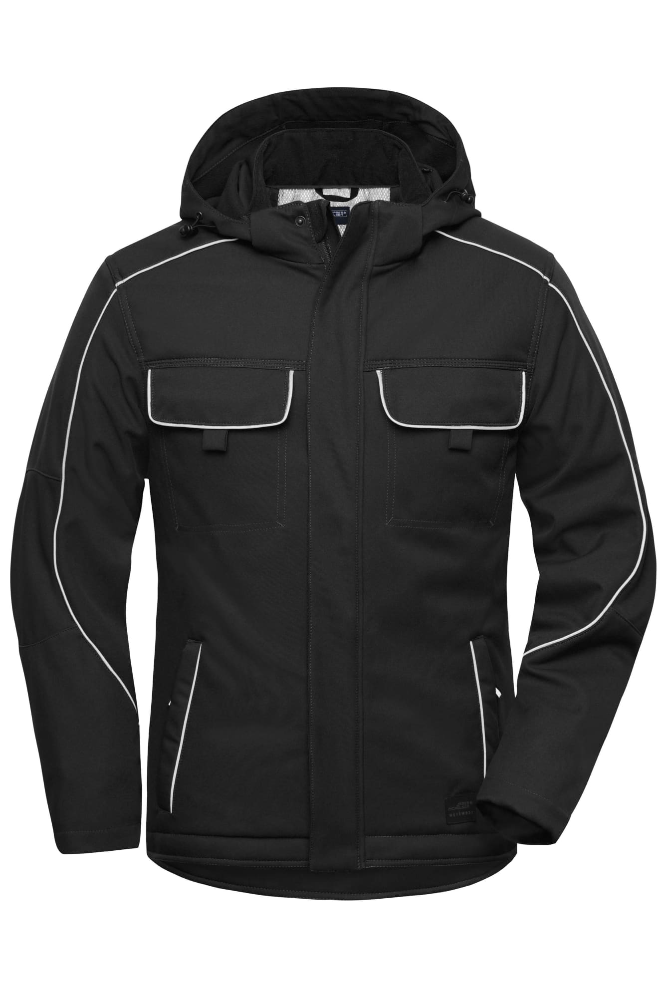 A black padded softshell jacket featuring a hood, multiple pockets, and contrasting white piping. It has a logo visible. Workwear Softshell Padded Jacket - Image 1