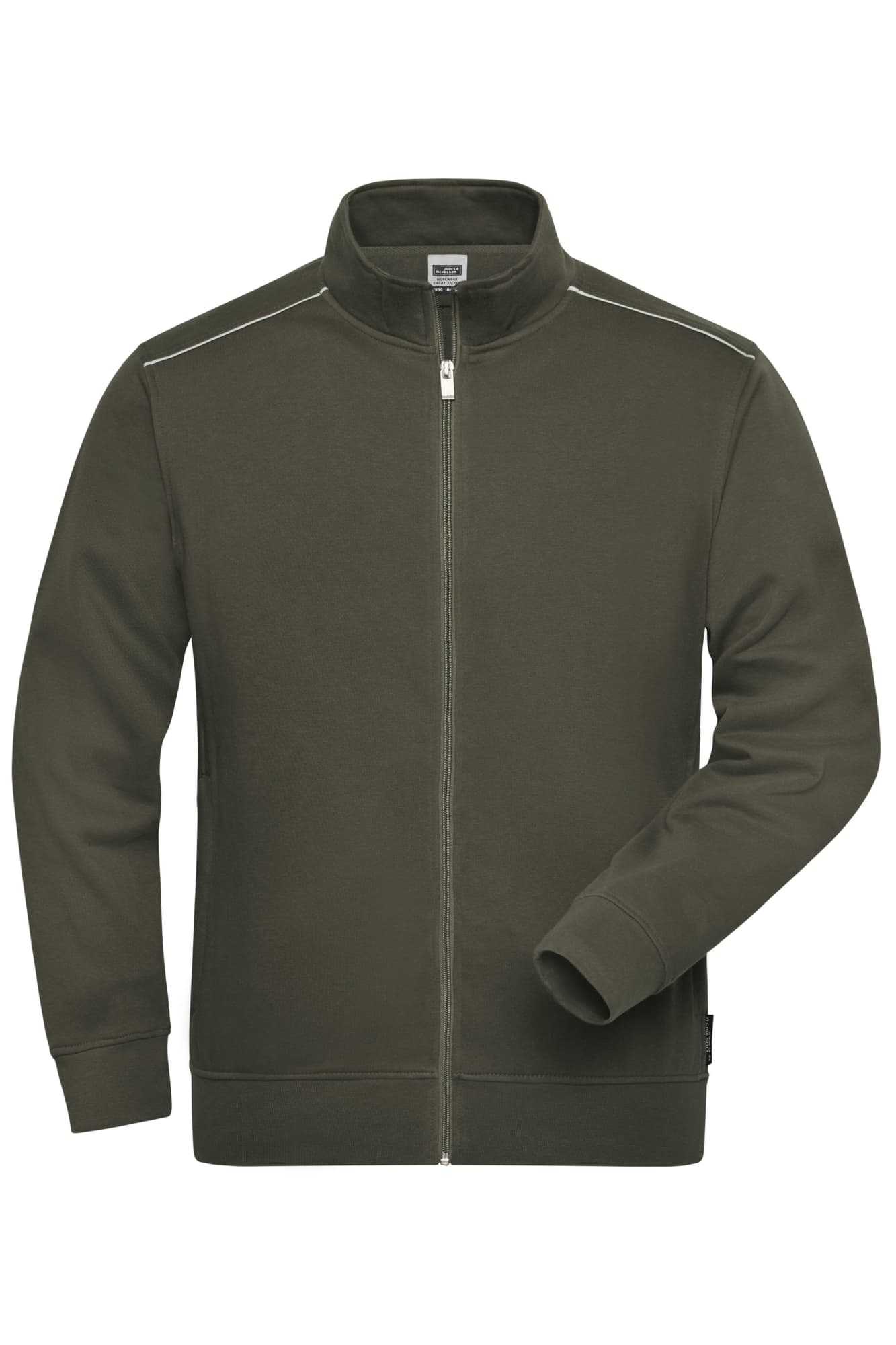 A men's workwear sweat jacket in olive green with a zip front and tall collar, featuring a logo on the side. Mens Workwear Sweat-Jacket - Image 1
