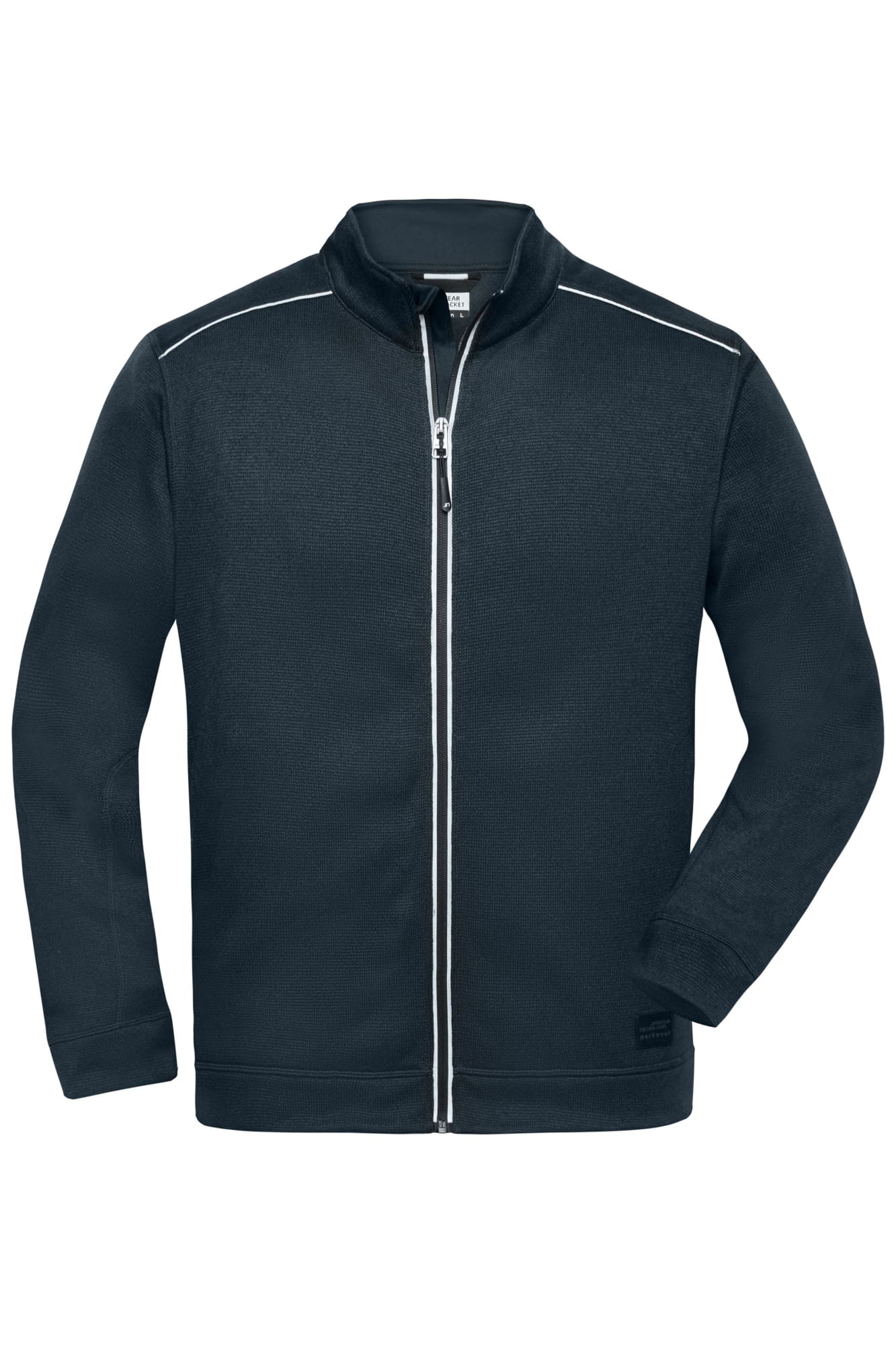 A men's knit workwear fleece jacket in navy blue with white detailing and a zip closure. Features a logo. Mens Knit Workwear Fleece Jacket - Image 1
