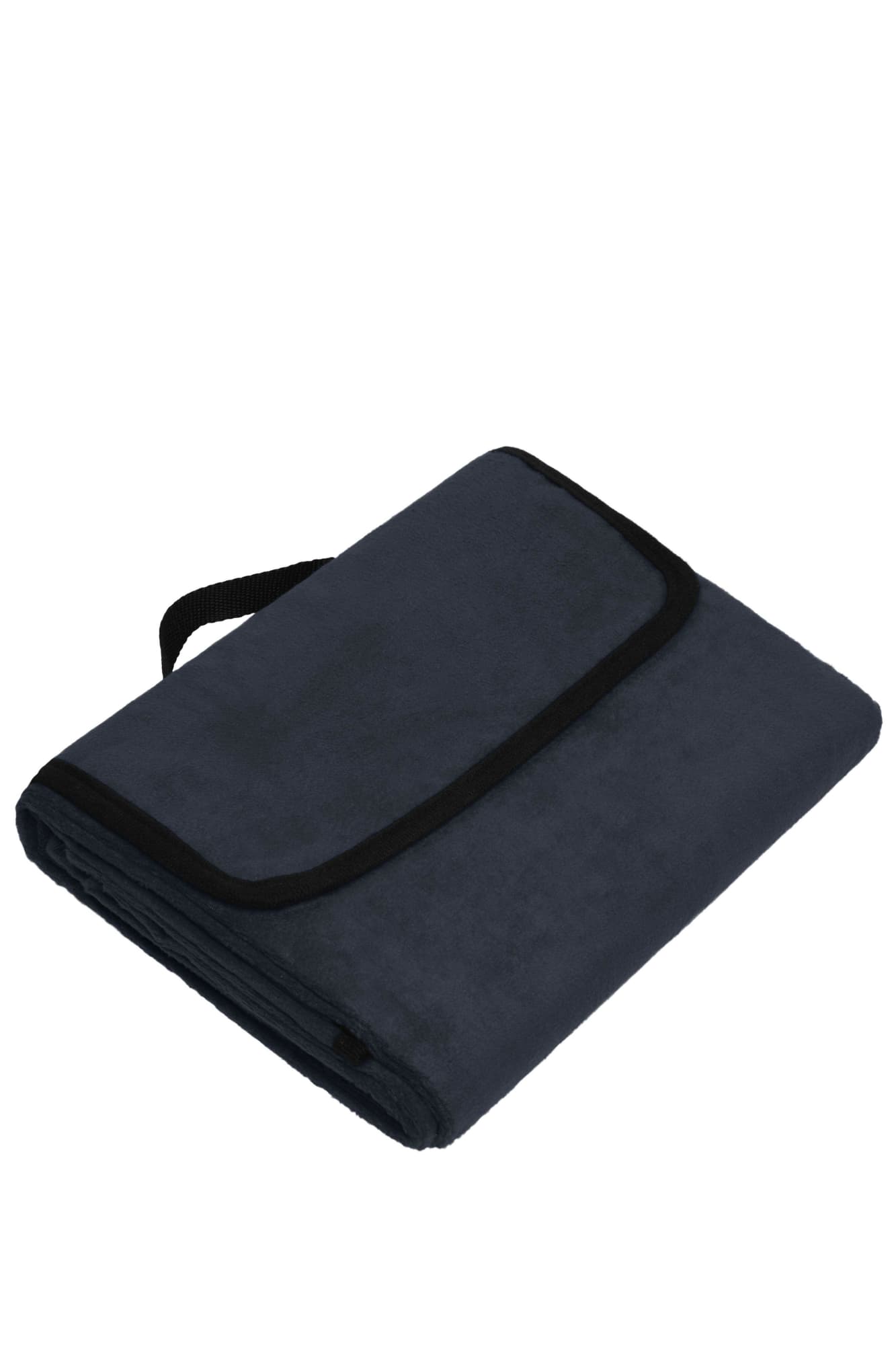 A dark blue picnic blanket folded with a black trim and strap for easy carrying. Picnic Blanket - Image 1