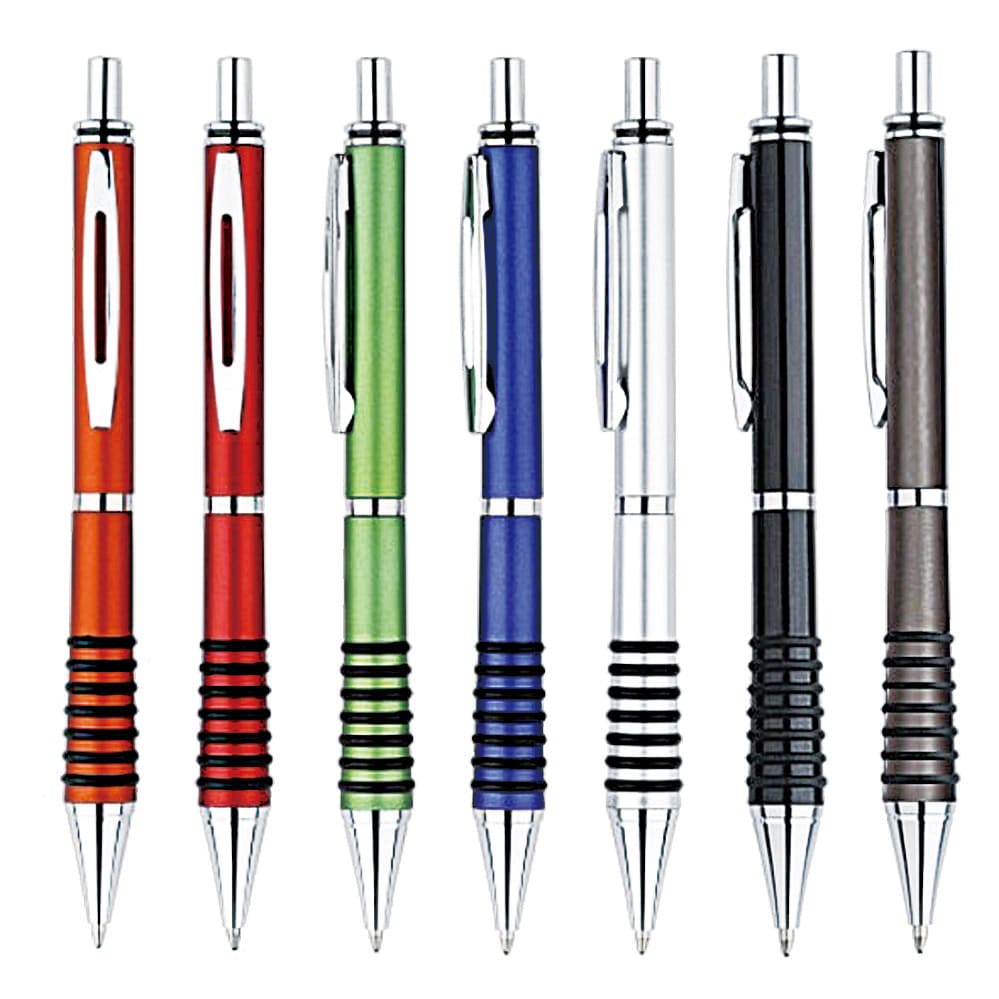 A collection of eight plastic pens in red, green, blue, black, and grey, featuring chrome accents and textured grips. Apus pen plastic pen - Image 1