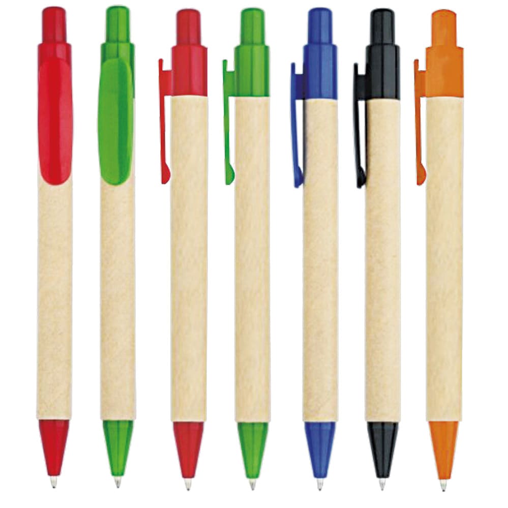 A set of seven pens in various colours: red, green, blue, black, orange, and a natural wood finish. Each pen has a clip. Aquila Eco pen - Image 1