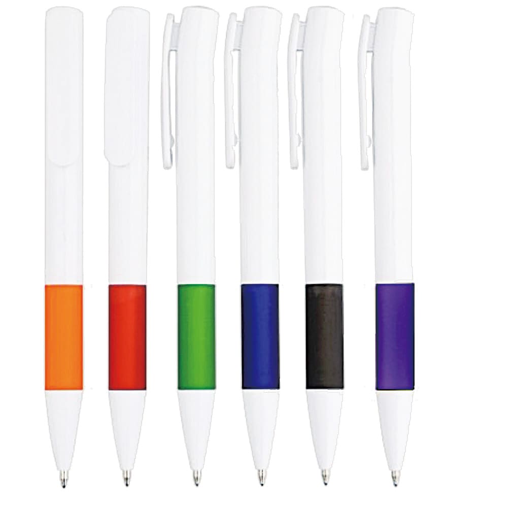 A collection of six plastic pens featuring white barrels with coloured grips in orange, red, green, blue, and black. Ara plastic pen - Image 1