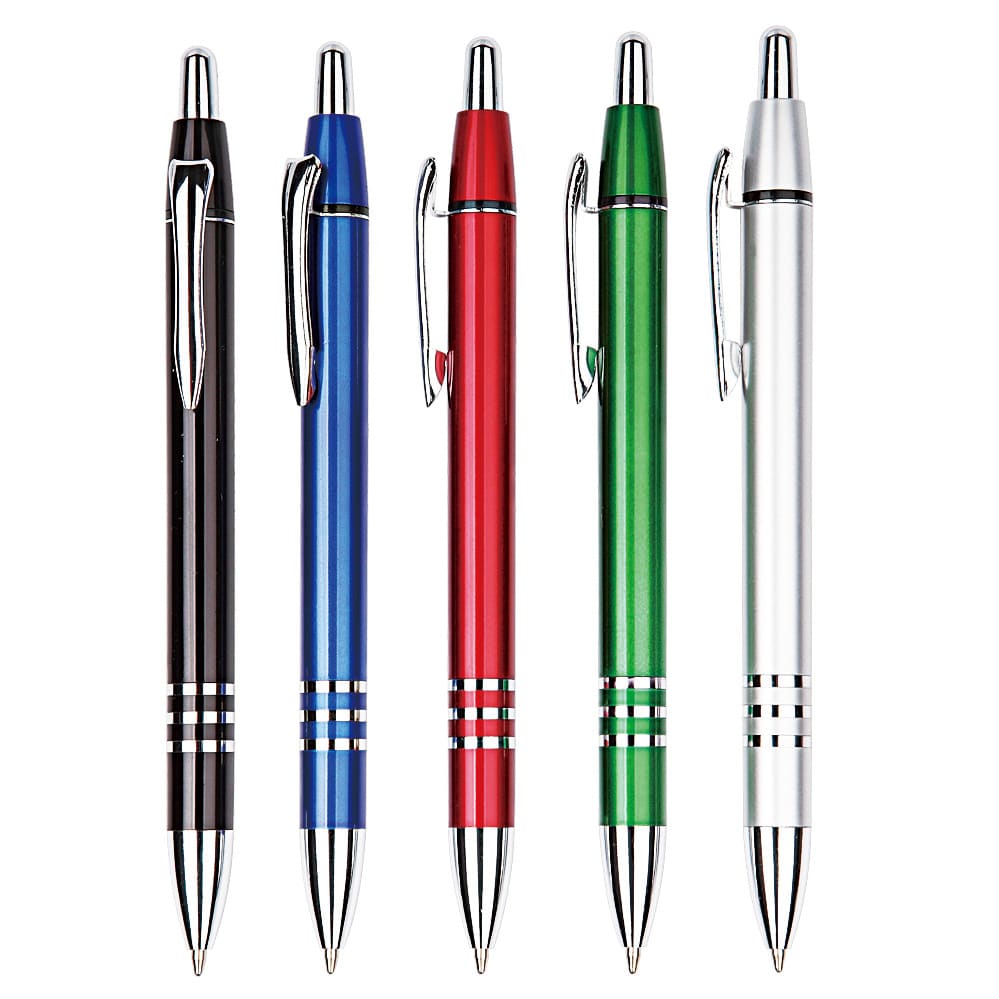 A set of five plastic pens in black, blue, red, green, and silver, featuring chrome accents and clips. canes plastic pen - Image 1