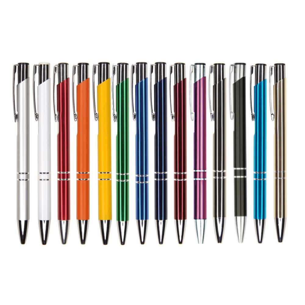 A collection of metal pens in various colours, including silver, white, red, orange, yellow, green, blue, purple, and black, with branding. Auzon aluminum pen - Image 1
