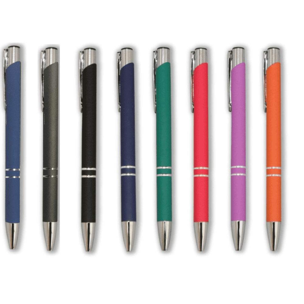 A selection of eight metal pens in various colours including blue, black, green, red, purple, and orange, featuring metallic accents. Canis aluminum pen - Image 1