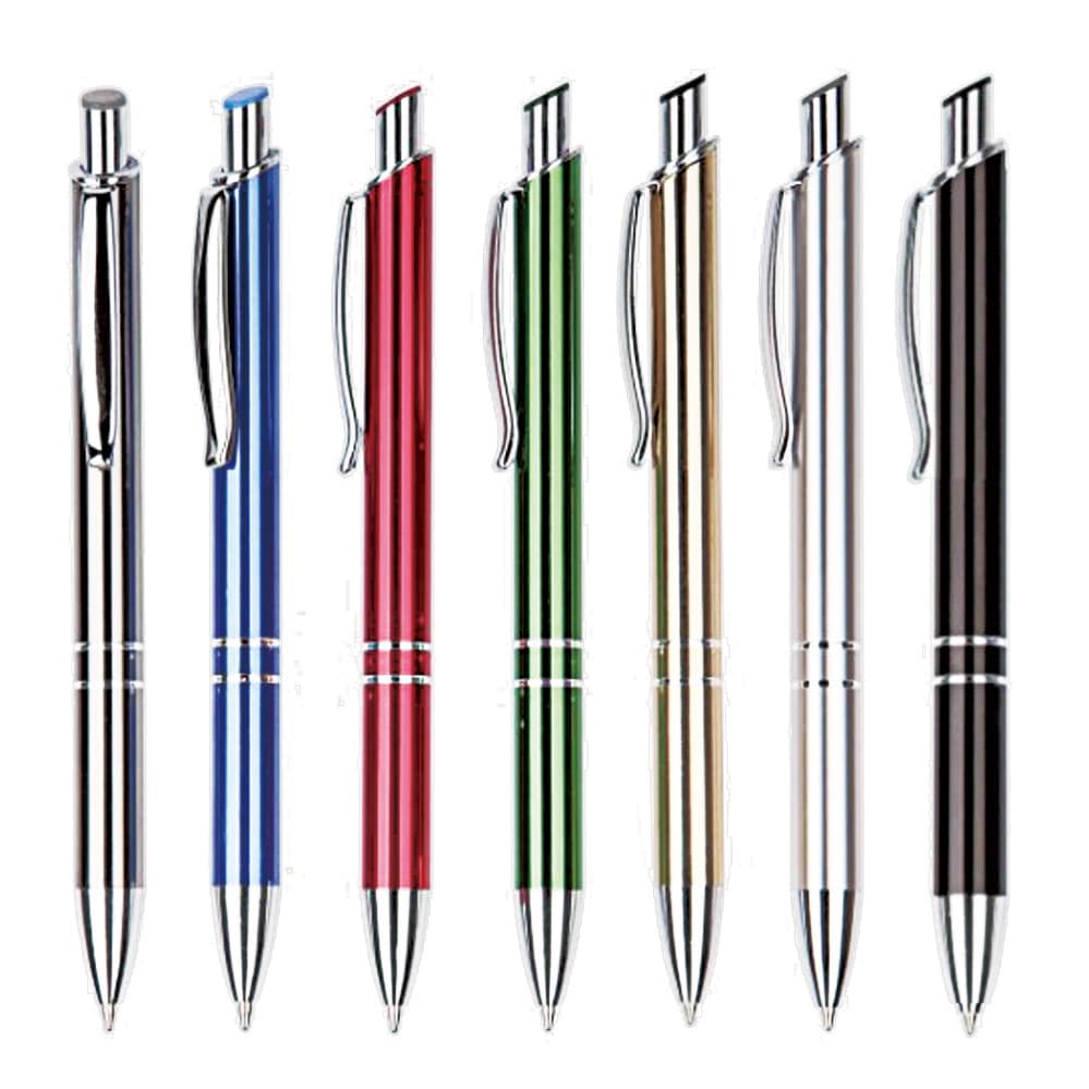A collection of seven metal pens in blue, red, green, gold, silver, and black, featuring a branding logo on each. Carina aluminum pen - Image 1