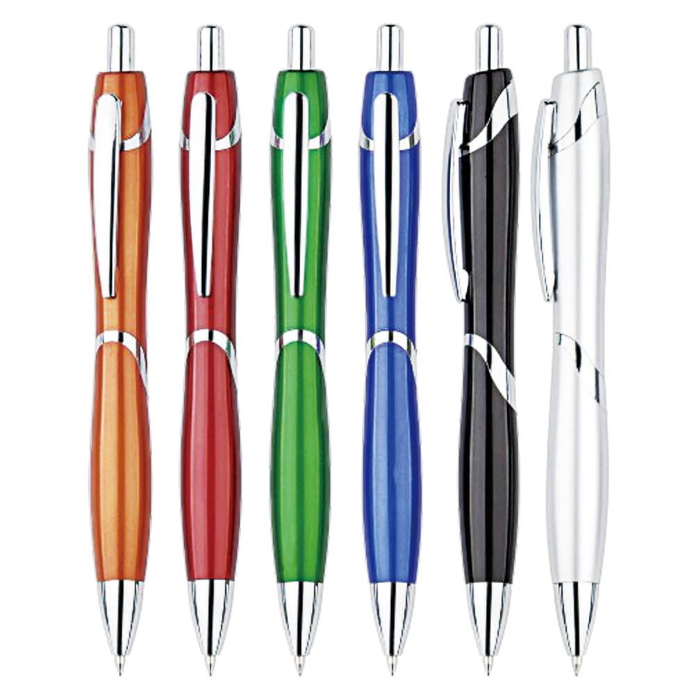 A set of six plastic pens in orange, red, green, black, blue, and silver, featuring curved designs and clips. Chamaeleon plastic pen - Image 1