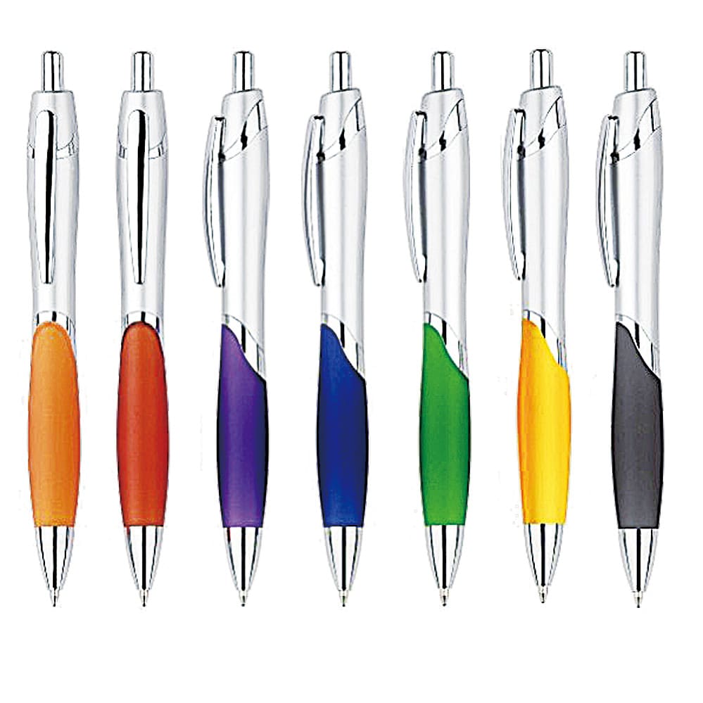 A collection of Circinus pens in orange, purple, green, black, yellow, and red with a silver clip and branding. Circinus plastic pen - Image 1