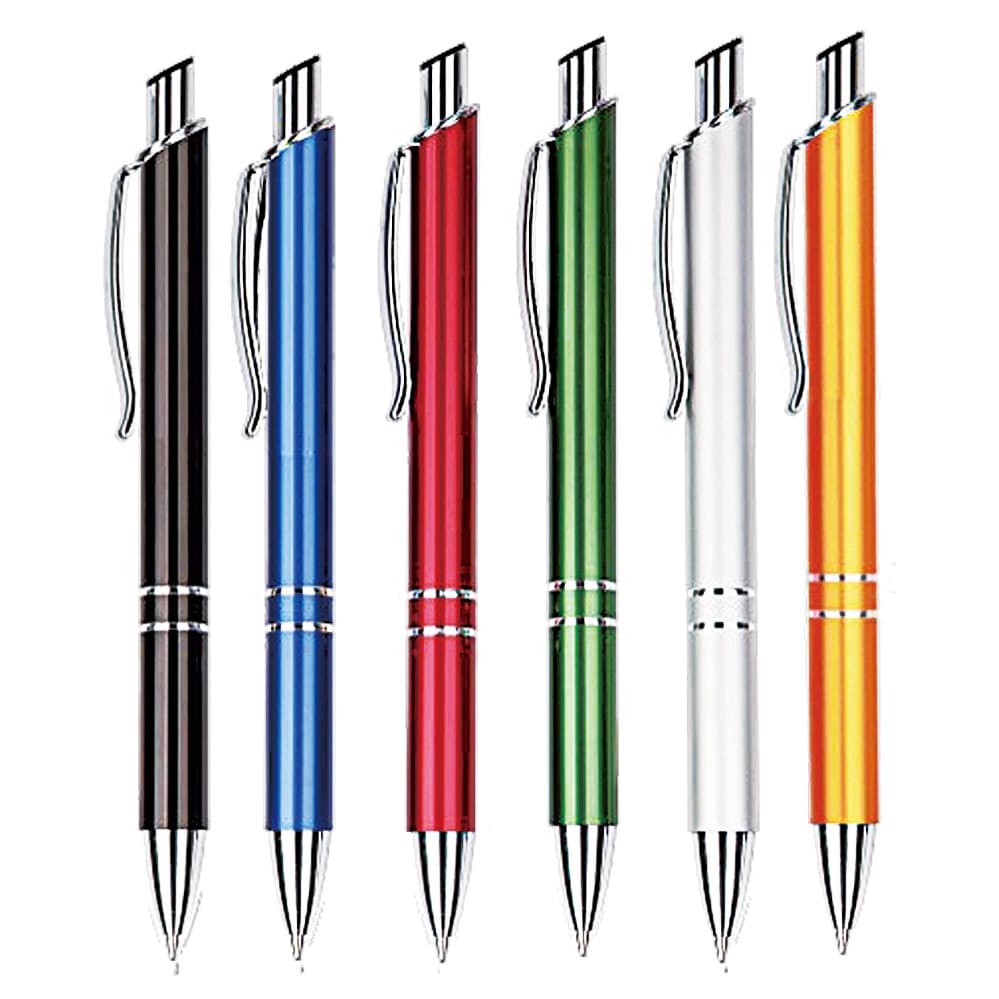 A set of six metal pens featuring black, blue, red, green, white, and orange colours, each with a sleek design and clip. Coma aluminum pen - Image 1