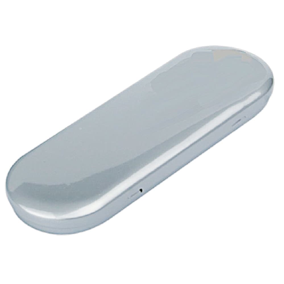 A silver pen box with a sleek, rounded design. It features a smooth, shiny exterior and includes a logo. Corona pen box - Image 1