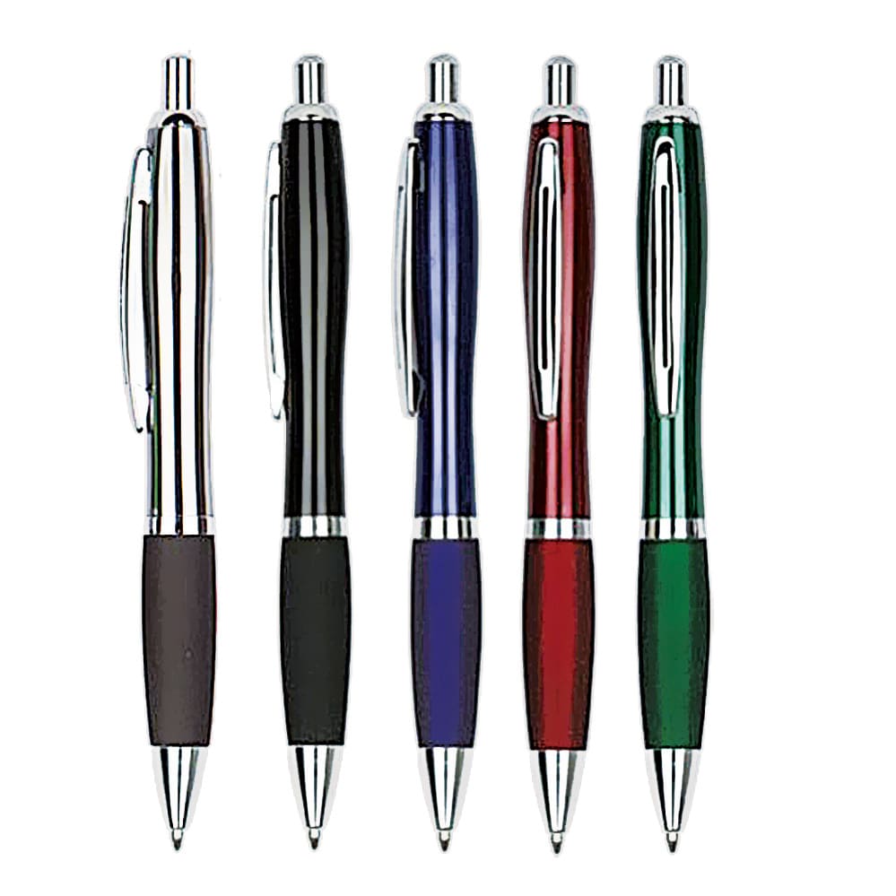 A set of five metal pens in black, blue, red, green, and purple, featuring a grip and a logo. Dorado brass pen - Image 1