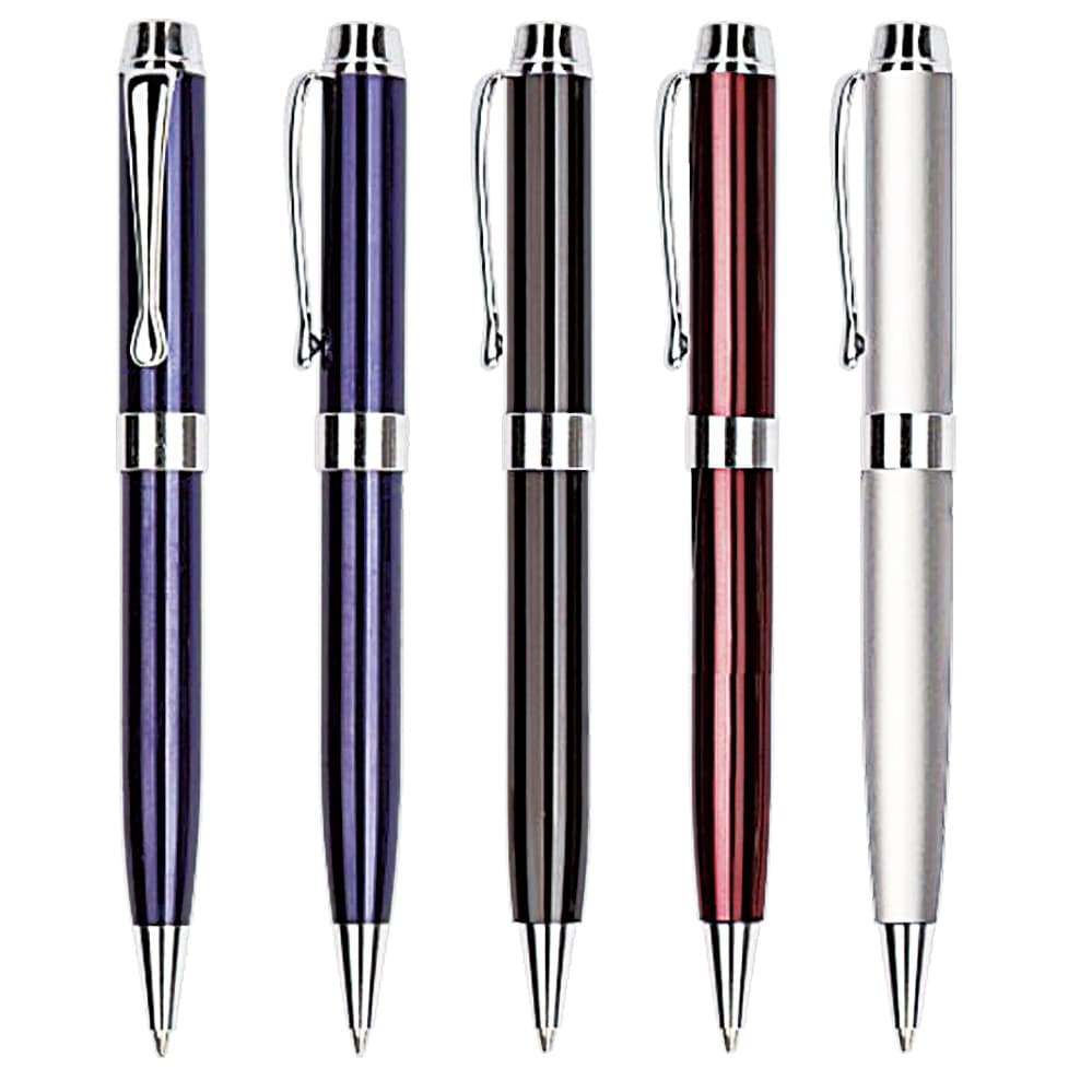 A collection of four metal pens in purple, black, red, and silver, featuring sleek designs and clips. Equuleus brass pen - Image 1