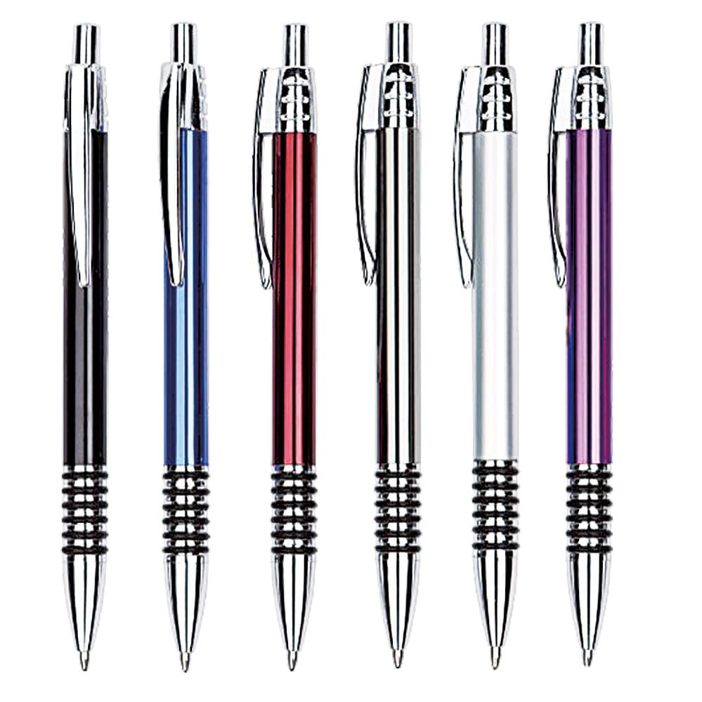 A selection of six metal pens in black, red, silver, and purple with chrome accents and spiral grips. Fornax aluminum pen - Image 1