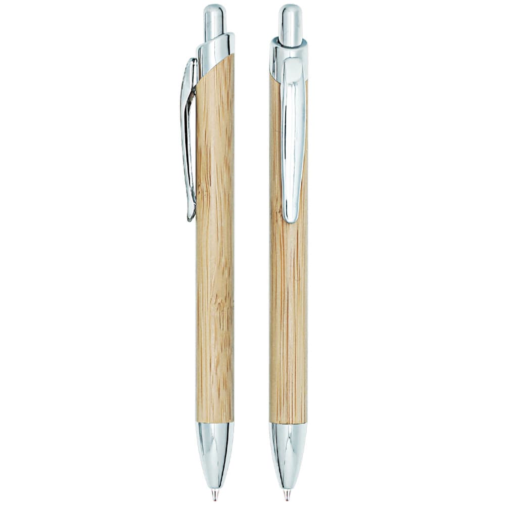 A set of metal pens with a bamboo finish and chrome accents, featuring a sleek design and a clip for attachment. Hercules bamboo pen - Image 1