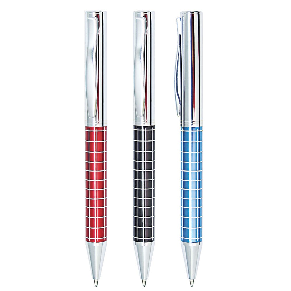 A set of three Horologium metal pens in red, black, and blue, featuring chrome accents and a checkered design. Horologium brass pen - Image 1
