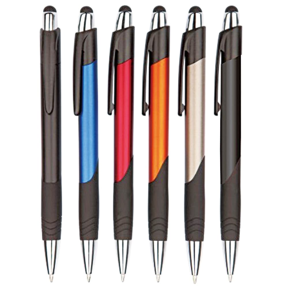 A set of six stylus pens in black, blue, red, orange, silver, and a dark finish, with a logo on each pen. Lacerta plastic stylus pen - Image 1
