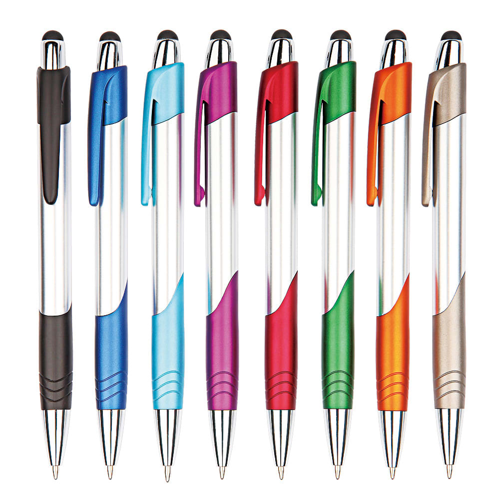 A set of stylus pens in various colours: black, blue, light blue, purple, red, green, orange, and silver. Leon plastic stylus pen - Image 1