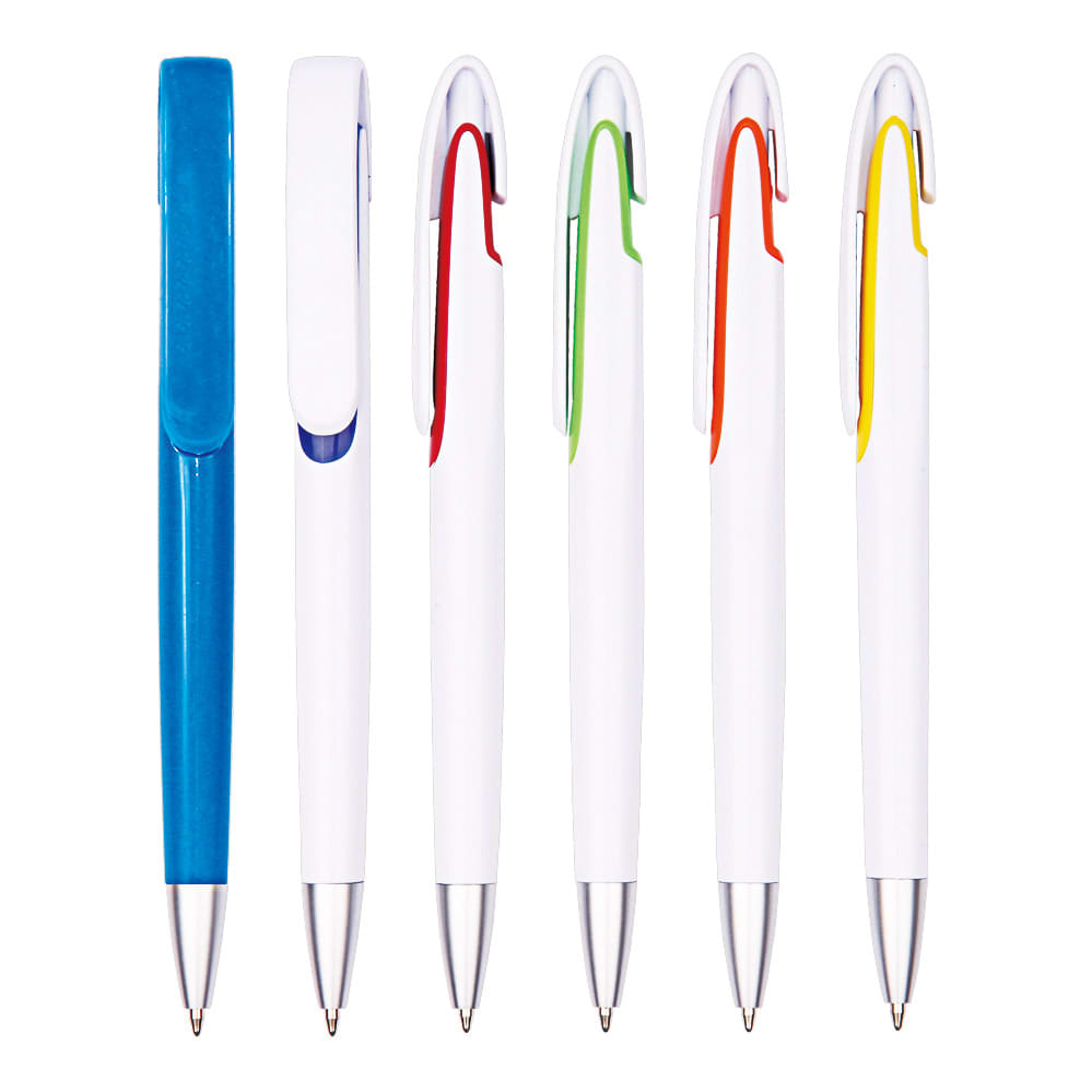 A set of six plastic pens in white with assorted clip colours: blue, red, green, orange, and yellow. Libra pen plastic pen - Image 1