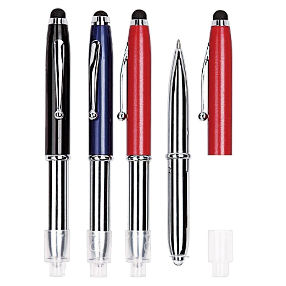 A selection of metal pens in black, blue, red, and silver, featuring a glossy finish and touchscreen stylus tips. delete - Image 1