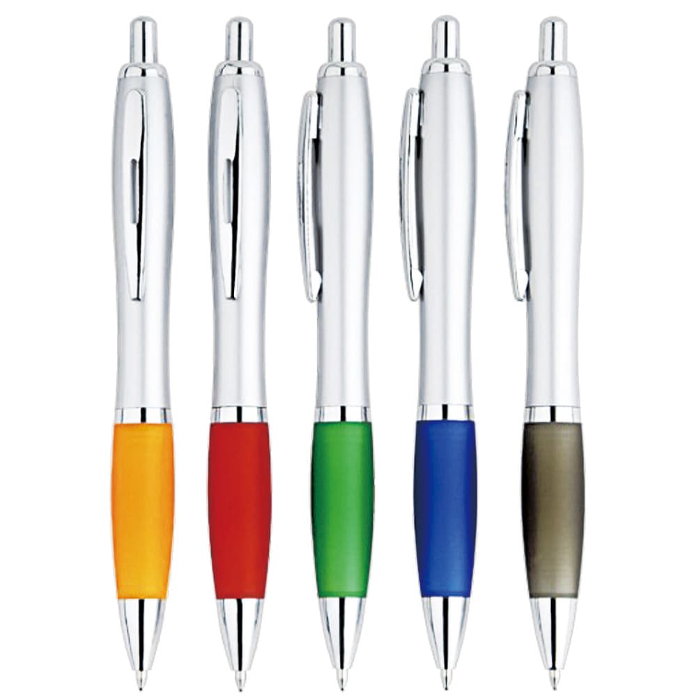 Five plastic pens in various colours—orange, red, green, blue, and grey—featuring a silver barrel and clip. Unicorn plastic pen - Image 1