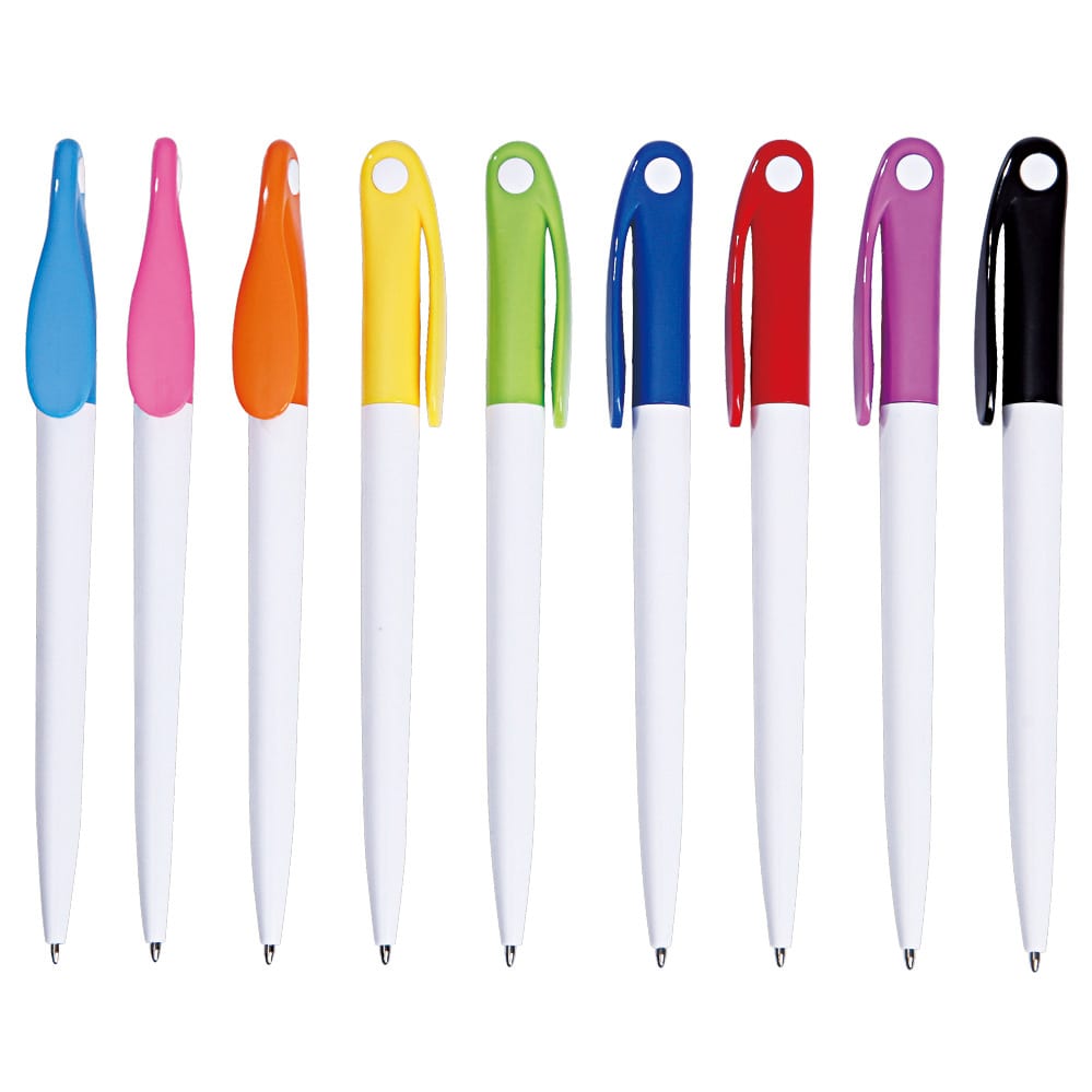 A collection of plastic pens in various colours, featuring white barrels and colourful caps. Each pen has a logo. Pegasus plastic pen - Image 1