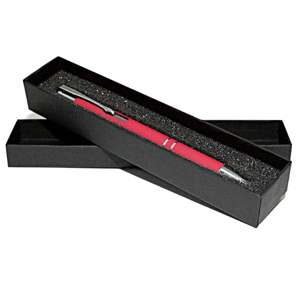 A red pen presented in a sleek black box with a foam insert for protection, featuring a logo on the box. Pictor pen box - Image 1