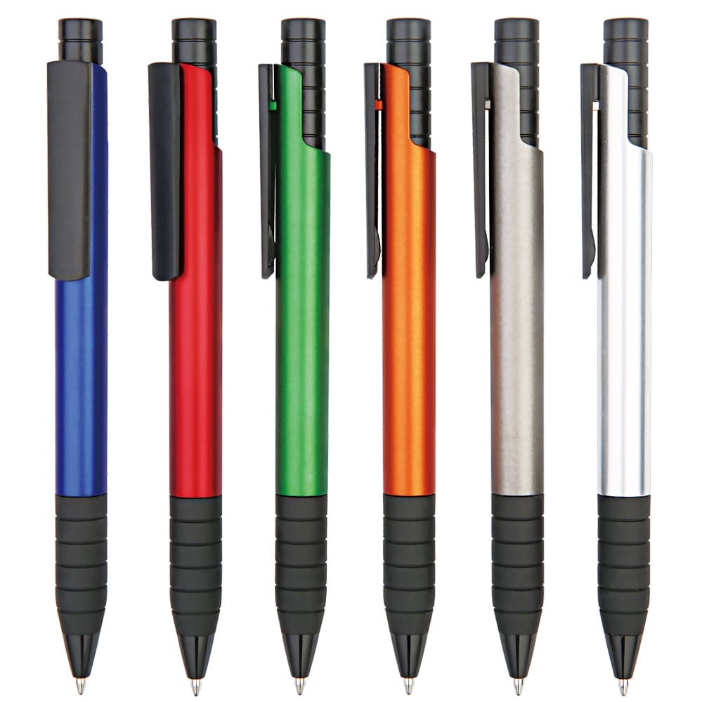 A collection of six plastic pens in blue, red, green, orange, silver, and black, featuring rubber grips and clips. Pyxis plastic stylus pen - Image 1
