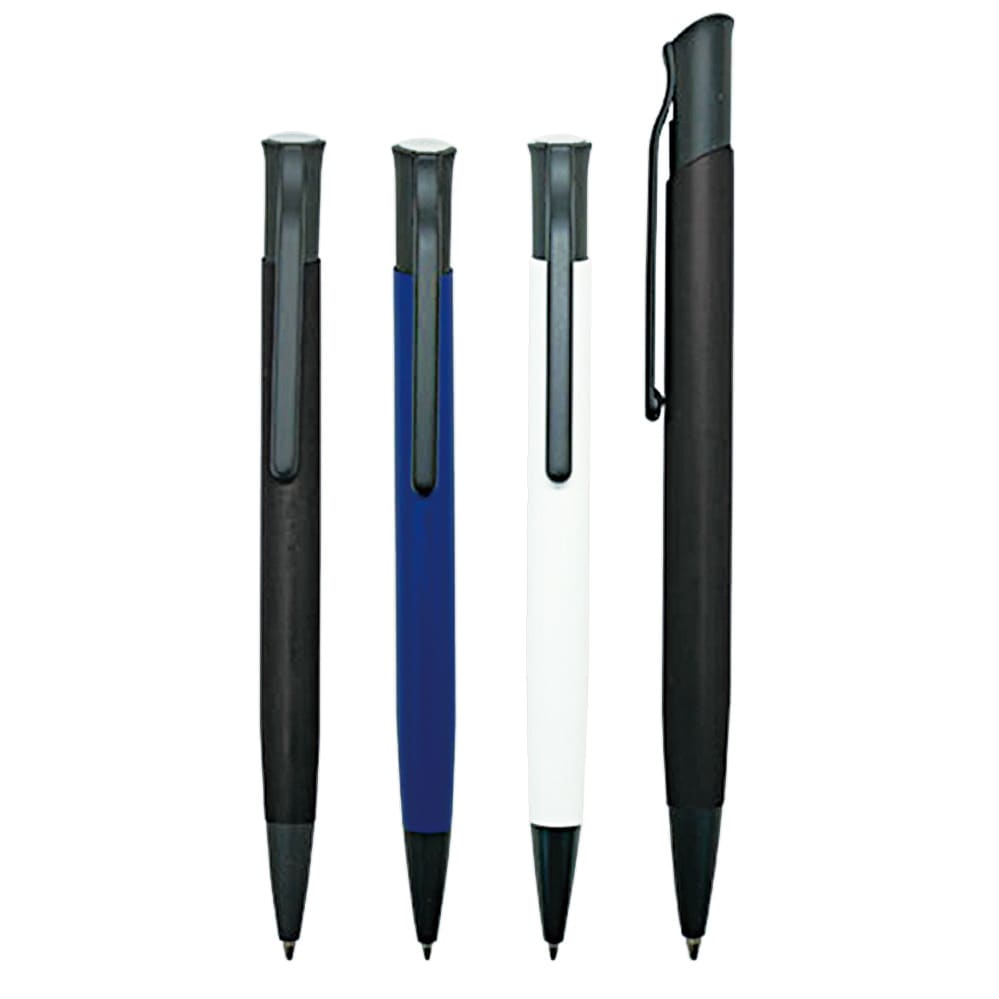 Four metal pens in black, blue, and white, featuring designs with clips and varying finishes. Sagitta aluminum pen - Image 1