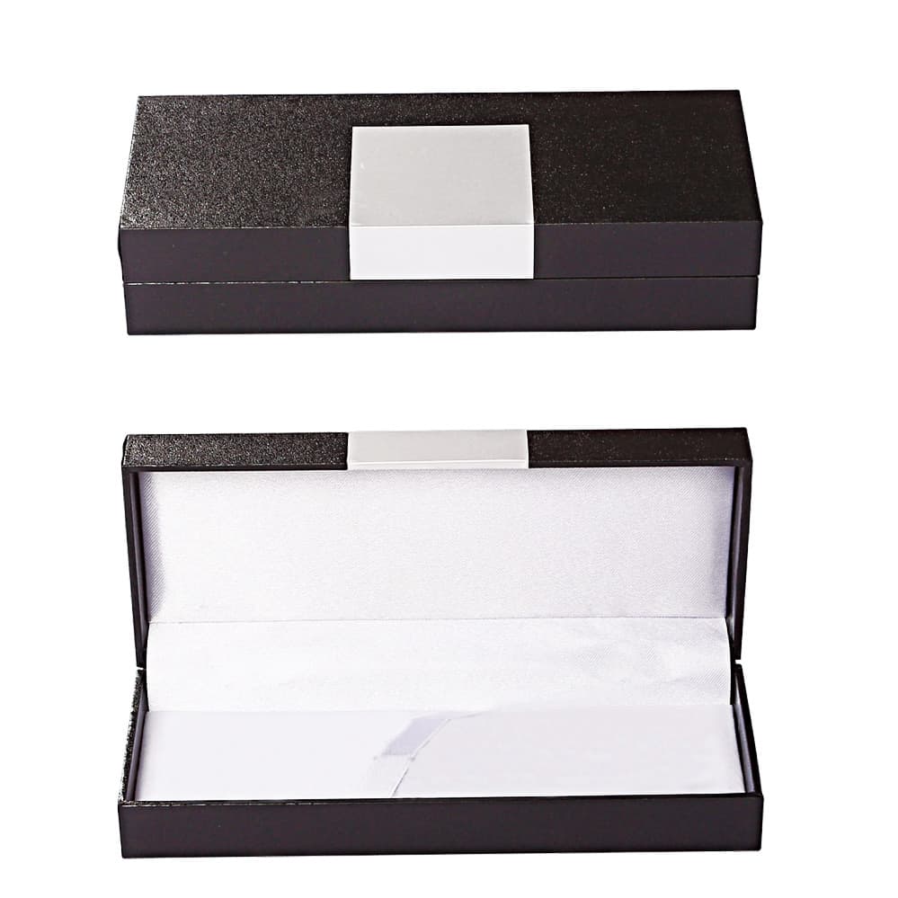 A black pen packaging box with a smooth exterior and a white interior lining. It has a plain white label on top. Sagittarius pen box - Image 1