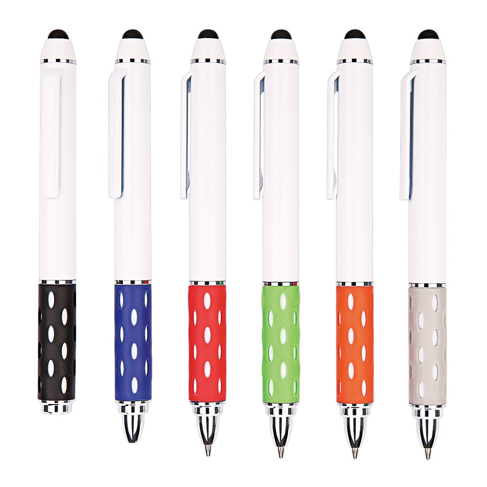 A set of six stylus pens in white with coloured grips: black, blue, green, orange, and grey. Each pen has a logo. Telescope plastic stylus pen - Image 1