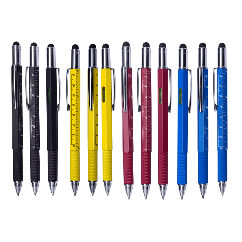 A collection of metal pens in black, yellow, red, and blue, featuring rulers and a level. Each has a shiny finish and a logo. Venus metal tool pen - Image 1