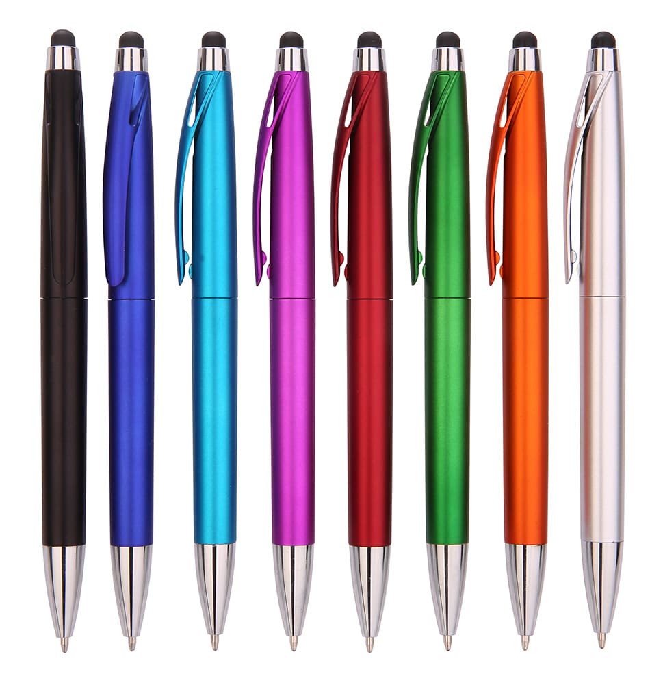 A collection of stylus pens in black, blue, cyan, pink, red, green, orange, and silver, featuring various designs and finishes. Eagle touch plastic pen - Image 1