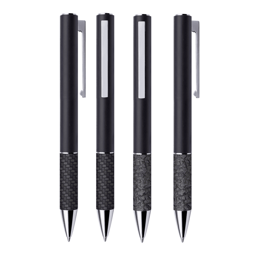 A set of four metal pens in black with textured grips, featuring clips and shiny silver accents. Each pen has a logo. Uranus pen brass - Image 1