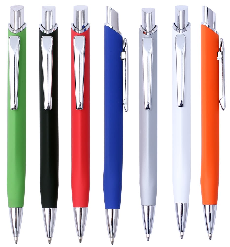 A collection of metal pens in green, black, red, blue, orange, and white, featuring a silver clip and accent. Triangulum aluminum pen - Image 1