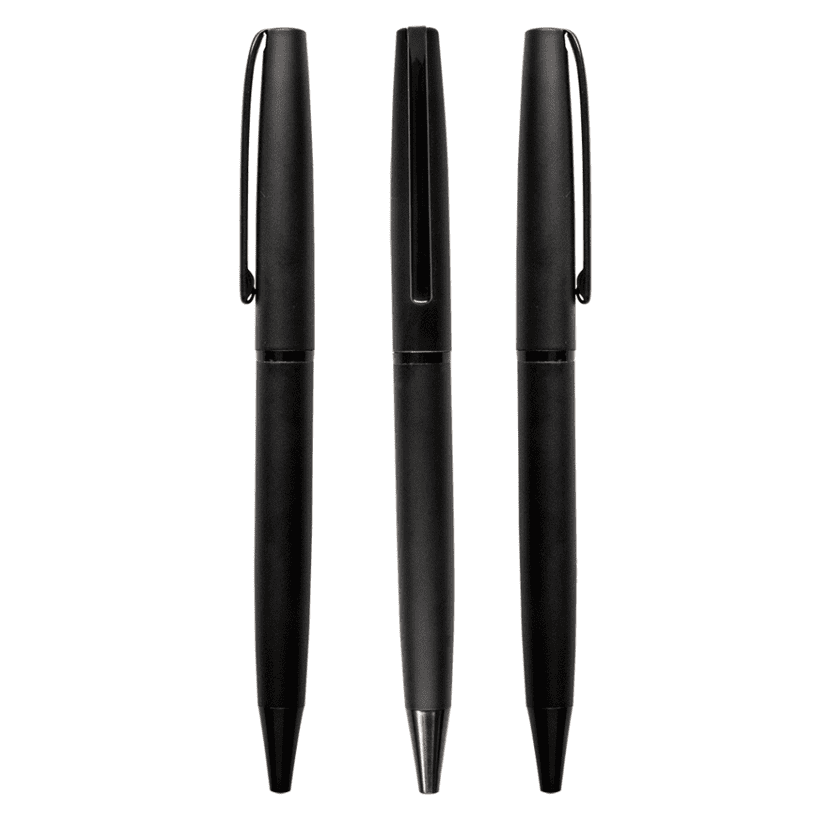 Three black metal pens are displayed, featuring a sleek design and clips for practicality. They have a logo on one side. Pluto brass pen - Image 1