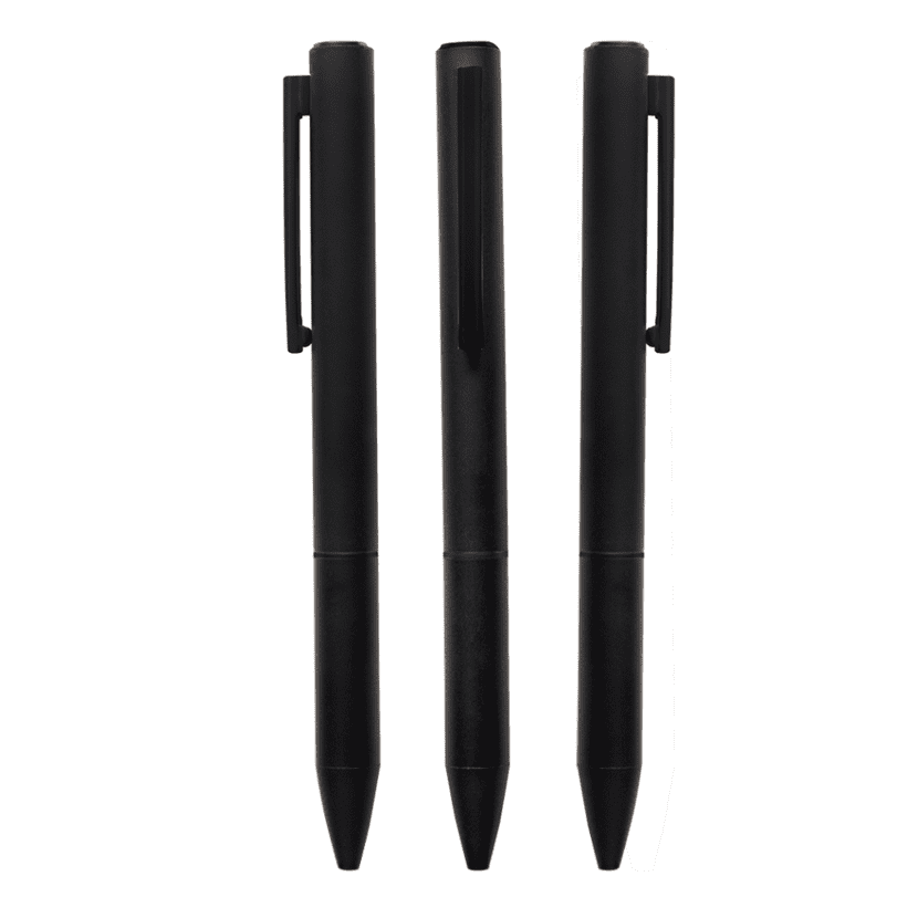 Three black metal pens with a sleek design, featuring clips for attachment and a branding logo. Quasar pen brass - Image 1