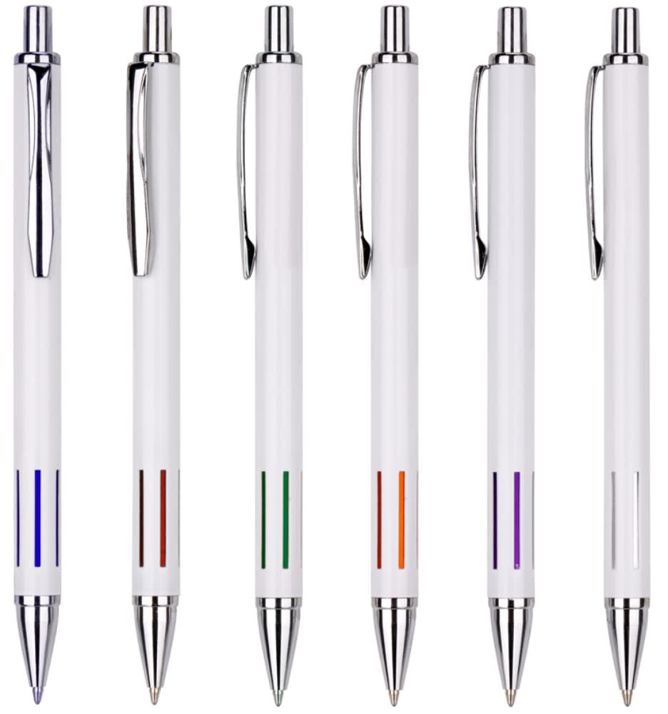 A set of six white metal pens featuring coloured accents in blue, green, orange, and purple. Each pen has a clip and branding. Nebula aluminum pen - Image 1