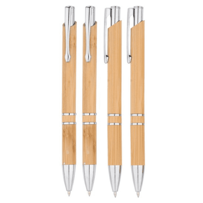 A set of four wooden pens in light bamboo with silver accents, featuring a logo on each pen. Ufos bamboo pen - Image 1