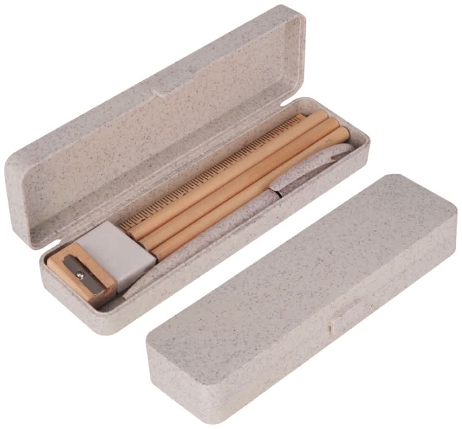 A grey case containing a wooden ruler, pencil, and other writing tools, featuring a simple design and a logo. Granite eco pen set - Image 1
