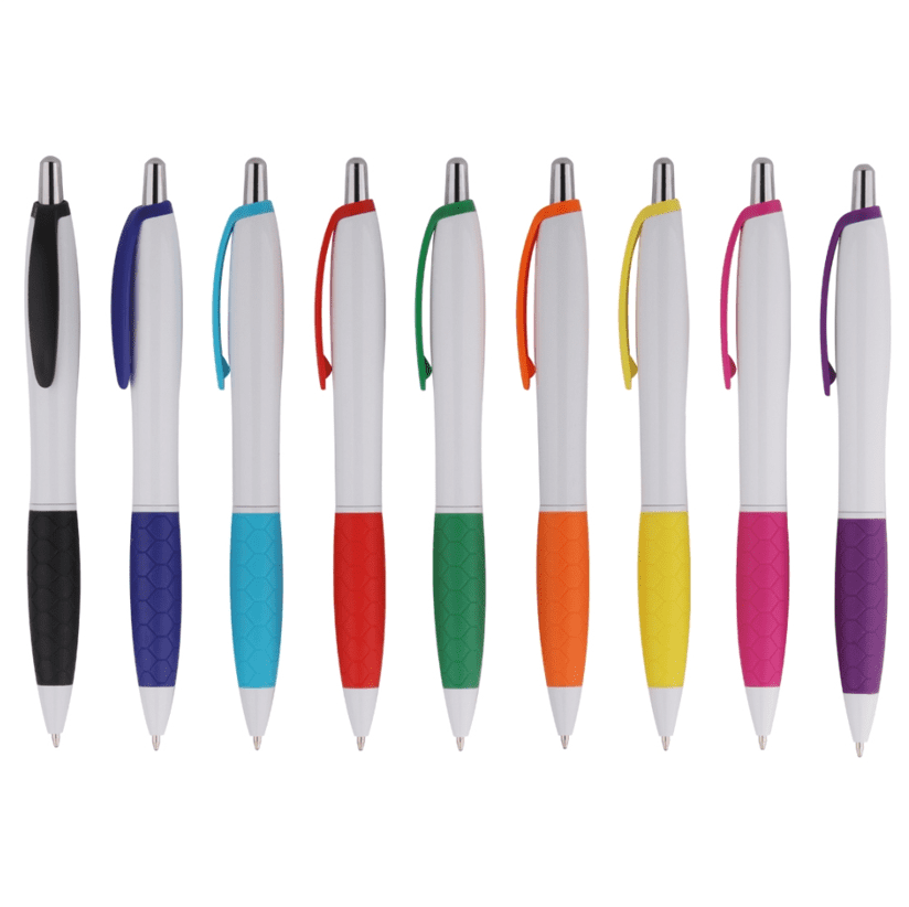 A collection of plastic pens in various colours, featuring a white barrel and colourful grips, with a logo present. Wavesplastic Pen - Image 1