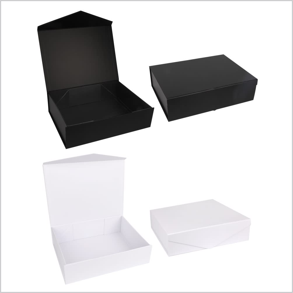 A black and a white gift box, both open and closed, displaying simple, sleek designs. Each has a plain finish. Jupiter gift box - Image 1