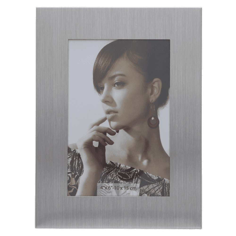 A silver photo frame with a brushed metal finish, displaying a portrait image in a 4x6 inch opening. Vance Photoframe - Image 1